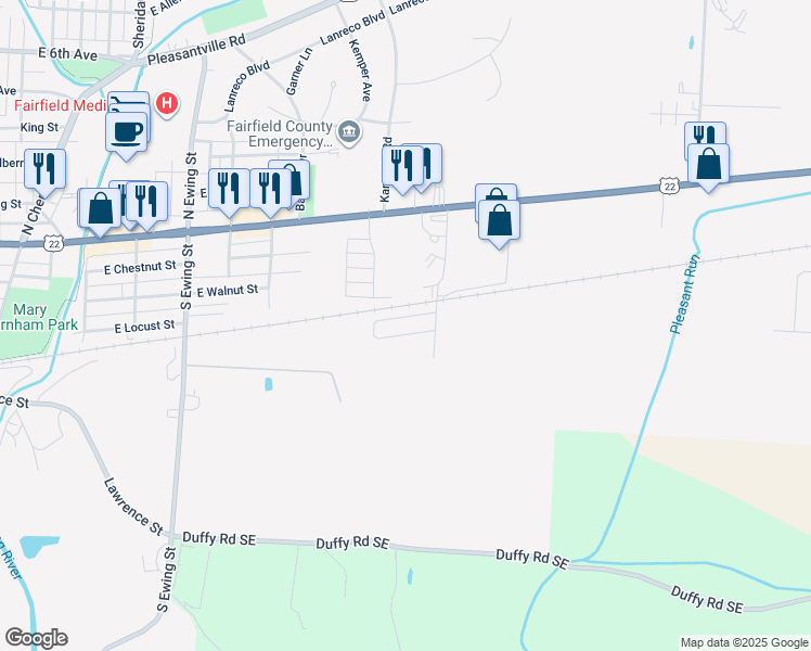 map of restaurants, bars, coffee shops, grocery stores, and more near 1660 East Main Street in Lancaster