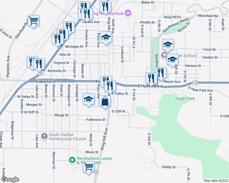 map of restaurants, bars, coffee shops, grocery stores, and more near 17 East Valley Street in Saint Joseph
