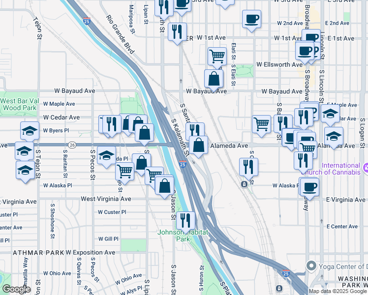 map of restaurants, bars, coffee shops, grocery stores, and more near 300 South Kalamath Street in Denver