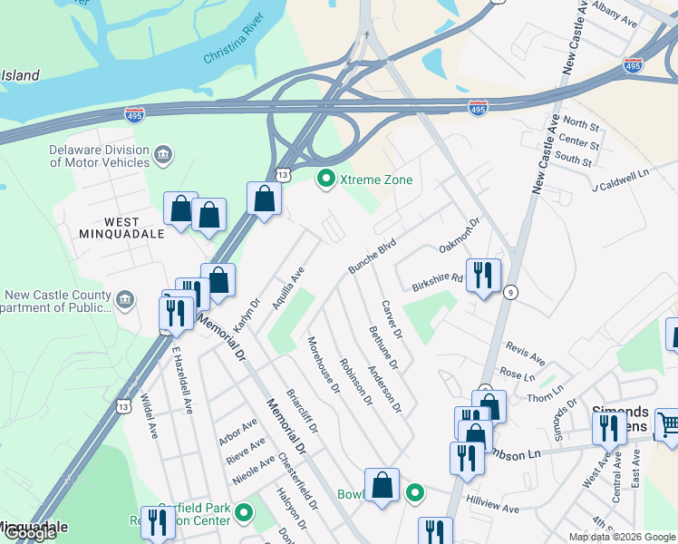 map of restaurants, bars, coffee shops, grocery stores, and more near 139 Bunche Boulevard in Wilmington