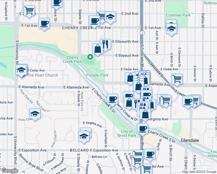 map of restaurants, bars, coffee shops, grocery stores, and more near 333 South Monroe Street in Denver
