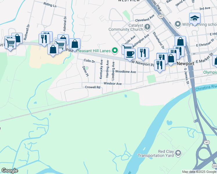 map of restaurants, bars, coffee shops, grocery stores, and more near 205 Harding Avenue in Wilmington
