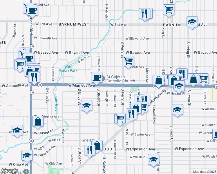 map of restaurants, bars, coffee shops, grocery stores, and more near 4192 West Alameda Avenue in Denver