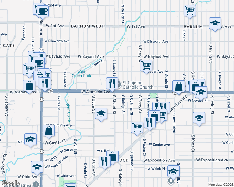 map of restaurants, bars, coffee shops, grocery stores, and more near 4300 West Alameda Avenue in Denver