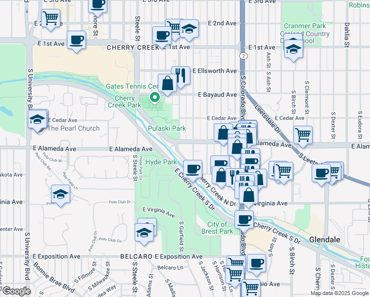 map of restaurants, bars, coffee shops, grocery stores, and more near 333 South Monroe Street in Denver