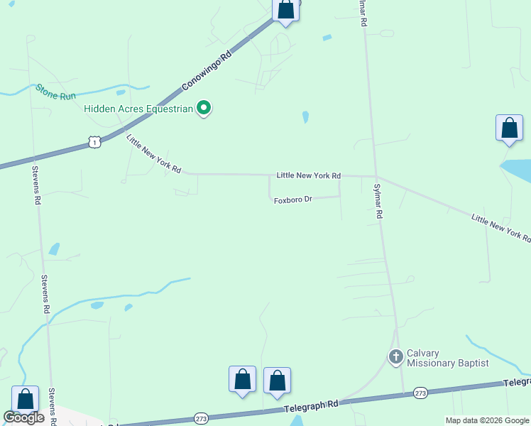 map of restaurants, bars, coffee shops, grocery stores, and more near 34 Foxboro Drive in Rising Sun