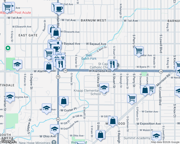 map of restaurants, bars, coffee shops, grocery stores, and more near 4688 West Alameda Avenue in Denver