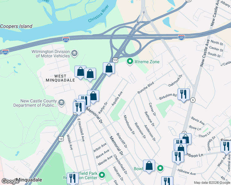 map of restaurants, bars, coffee shops, grocery stores, and more near 131 Karlyn Drive in New Castle