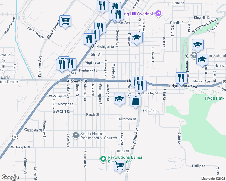 map of restaurants, bars, coffee shops, grocery stores, and more near 308 West Hyde Park Avenue in Saint Joseph