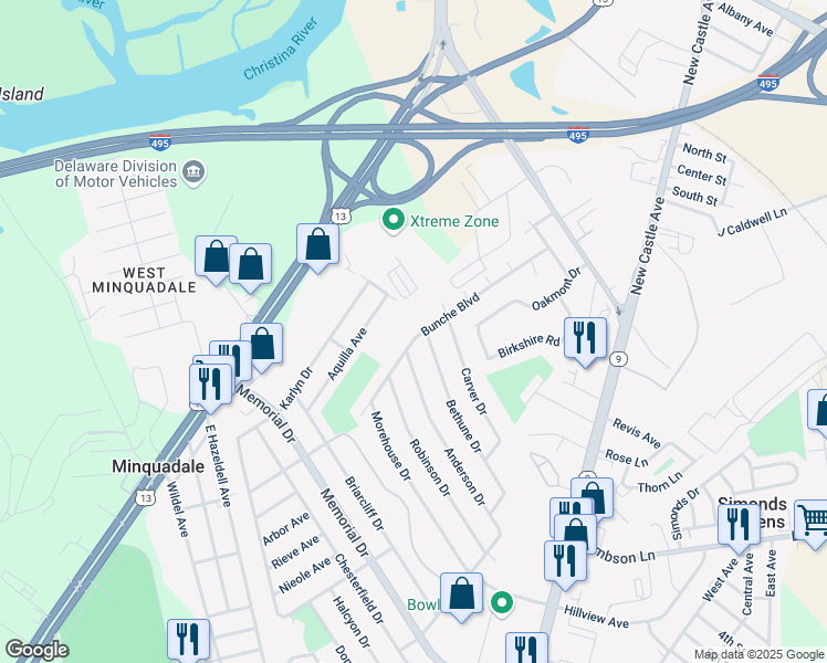 map of restaurants, bars, coffee shops, grocery stores, and more near 139 Bunche Boulevard in Wilmington