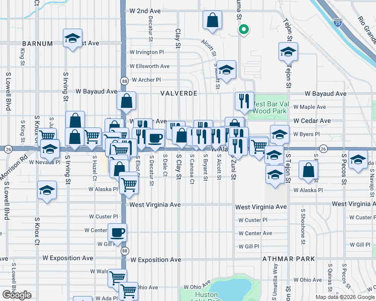 map of restaurants, bars, coffee shops, grocery stores, and more near 2666 West Alameda Avenue in Denver