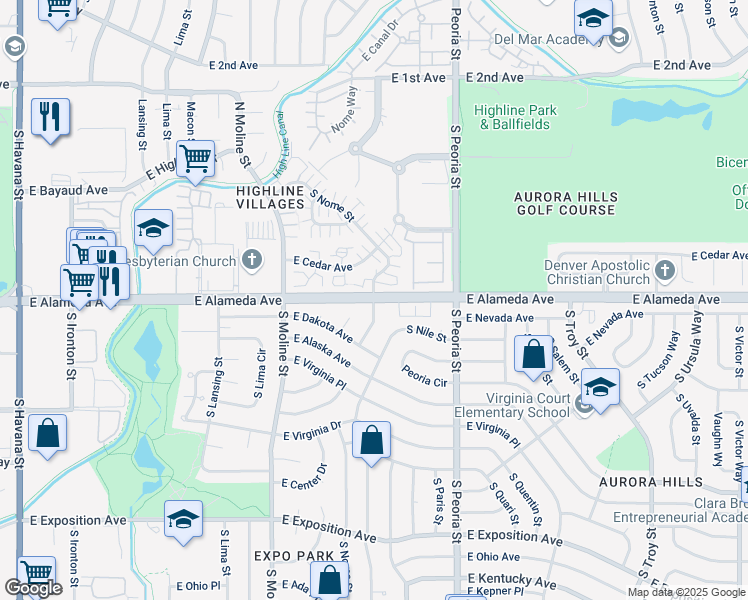 map of restaurants, bars, coffee shops, grocery stores, and more near E Alameda Ave & S Nome St in Aurora