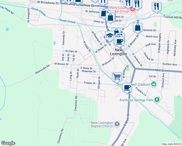 map of restaurants, bars, coffee shops, grocery stores, and more near 519 Shawnee Street in New Lexington