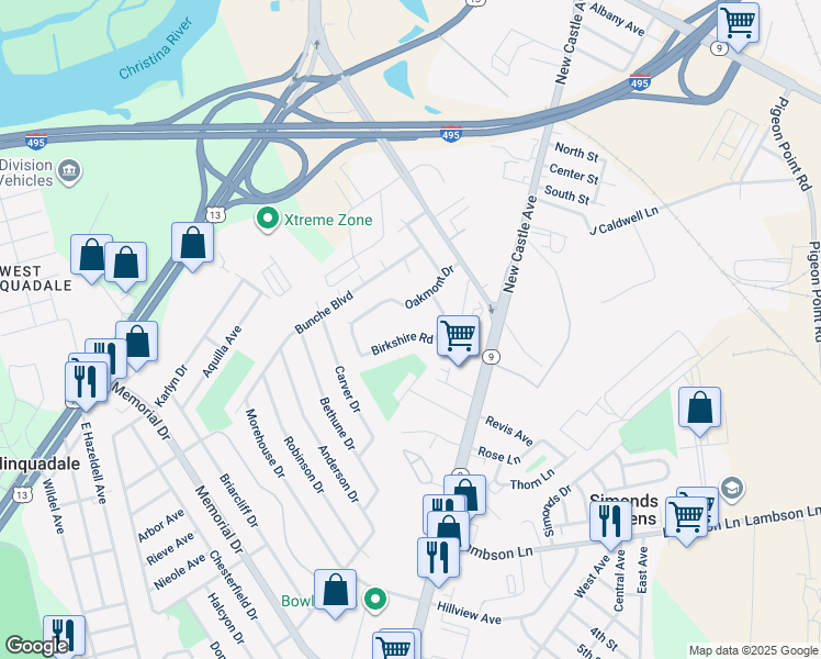 map of restaurants, bars, coffee shops, grocery stores, and more near 29 Birkshire Road in New Castle