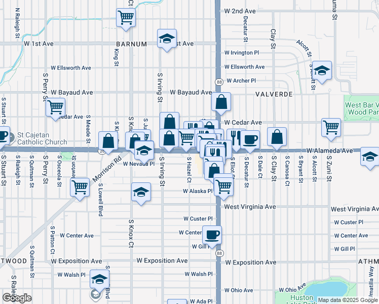 map of restaurants, bars, coffee shops, grocery stores, and more near W Alameda Ave & S Hazel Ct in Denver