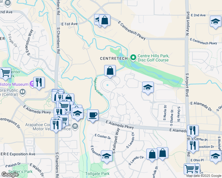 map of restaurants, bars, coffee shops, grocery stores, and more near 256 South Joplin Street in Aurora