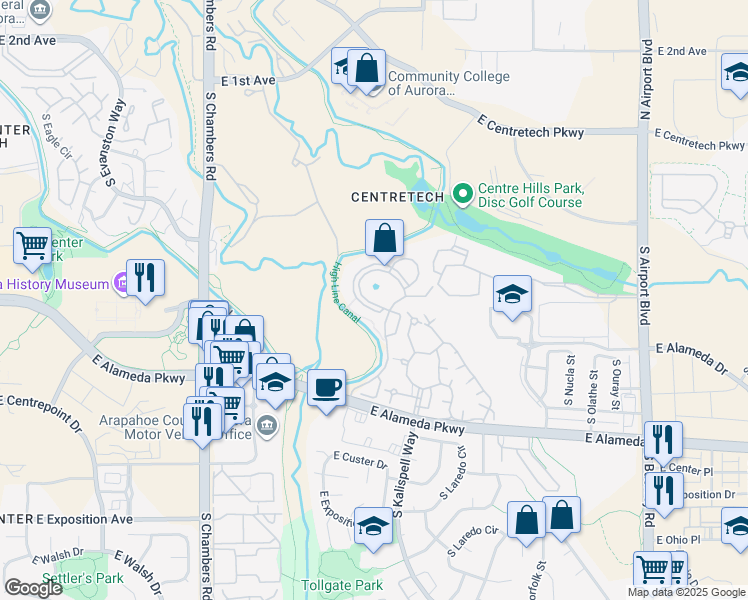 map of restaurants, bars, coffee shops, grocery stores, and more near 256 South Joplin Street in Aurora