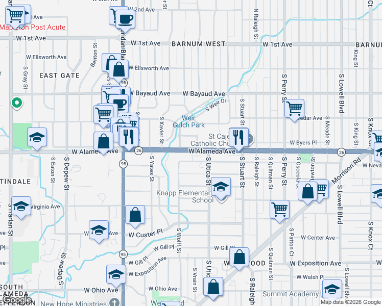 map of restaurants, bars, coffee shops, grocery stores, and more near 4688 West Alameda Avenue in Denver