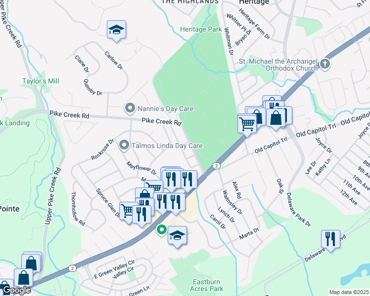 map of restaurants, bars, coffee shops, grocery stores, and more near 66 Abbey Lane in Newark