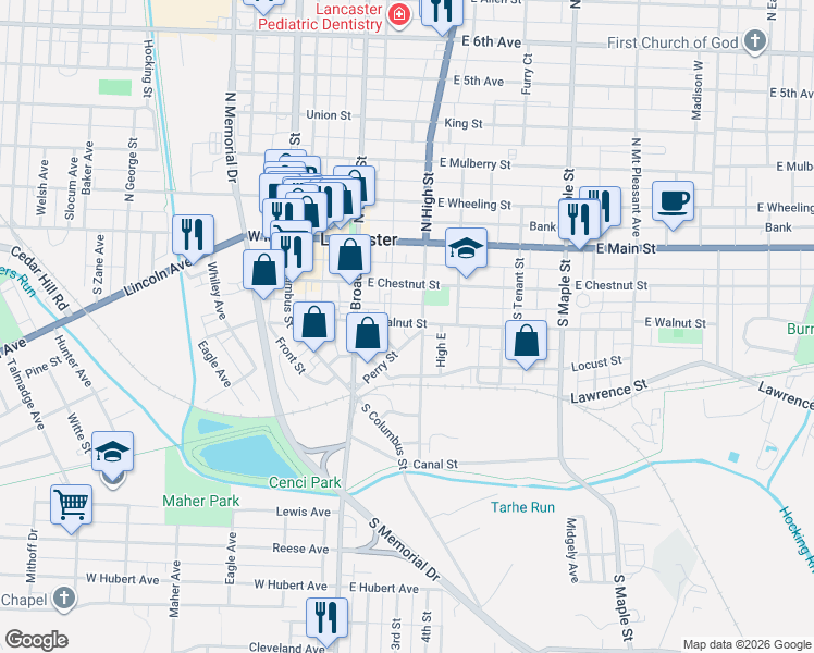map of restaurants, bars, coffee shops, grocery stores, and more near 138 East Walnut Street in Lancaster