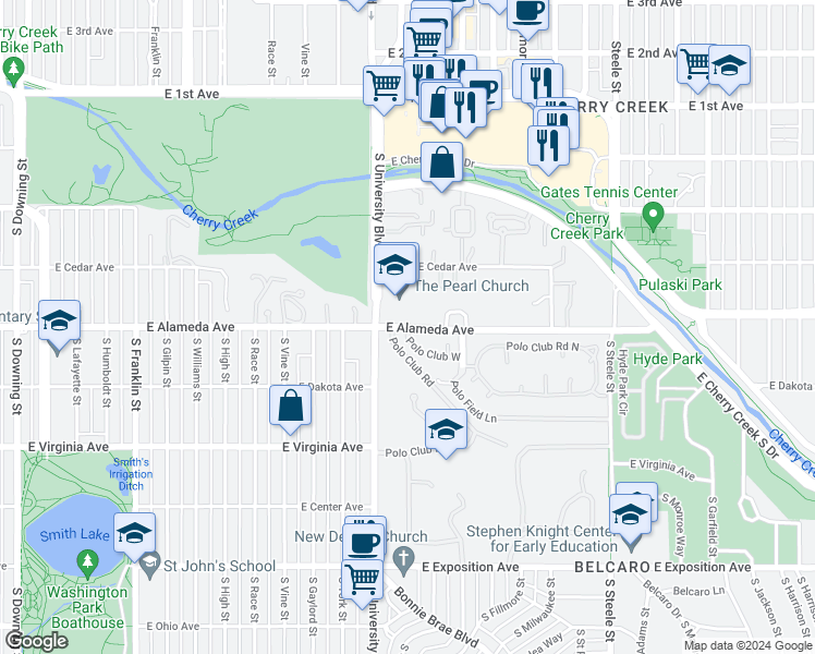 map of restaurants, bars, coffee shops, grocery stores, and more near Polo Club West in Denver