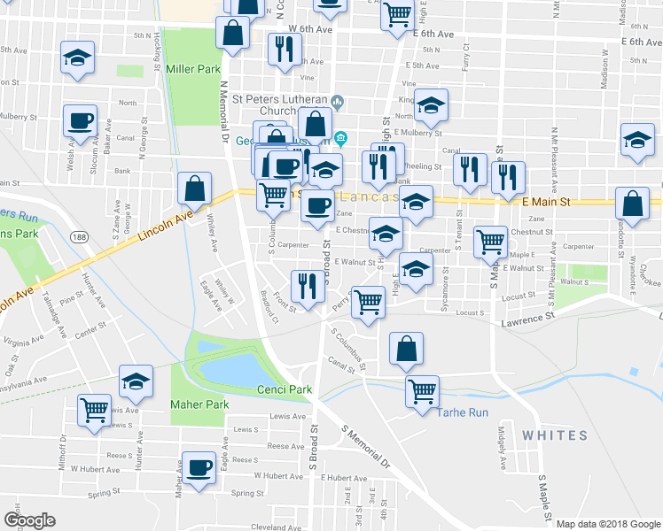 map of restaurants, bars, coffee shops, grocery stores, and more near 300 South Broad Street in Lancaster