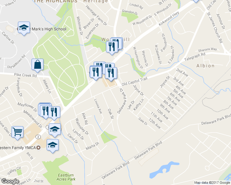 map of restaurants, bars, coffee shops, grocery stores, and more near 2117 Othoson Avenue in Wilmington
