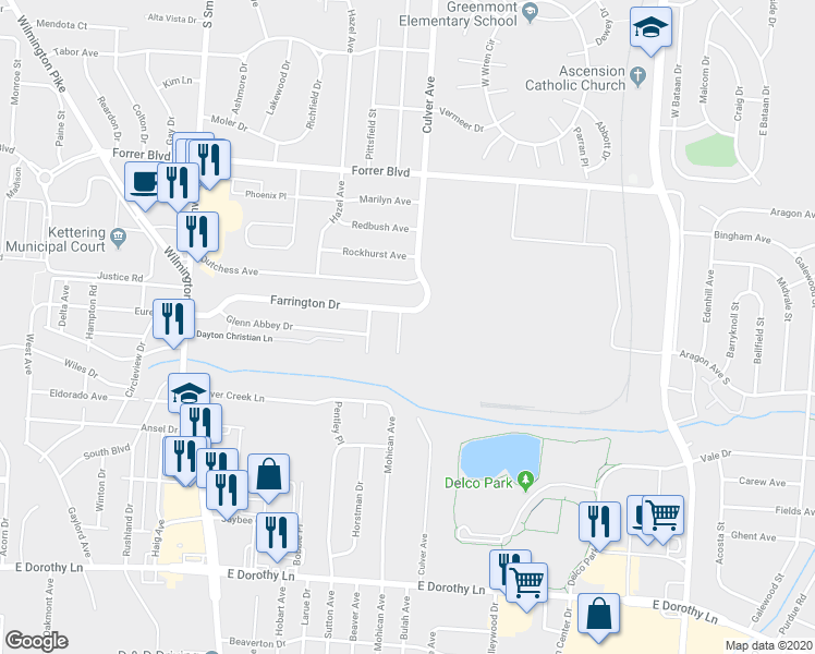 map of restaurants, bars, coffee shops, grocery stores, and more near 2424 Homeland Court in Dayton