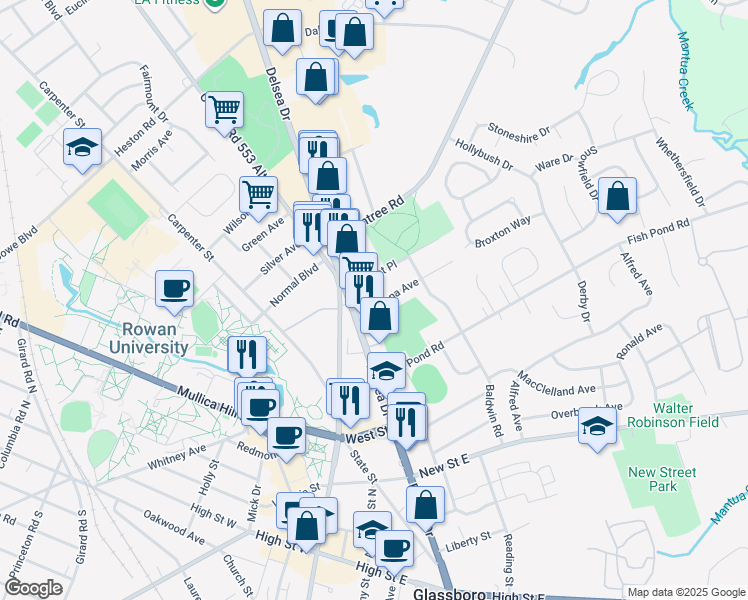 map of restaurants, bars, coffee shops, grocery stores, and more near 209 Pomona Ave in Glassboro