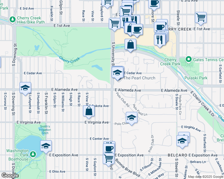 map of restaurants, bars, coffee shops, grocery stores, and more near E Alameda Ave & S University Blvd in Denver