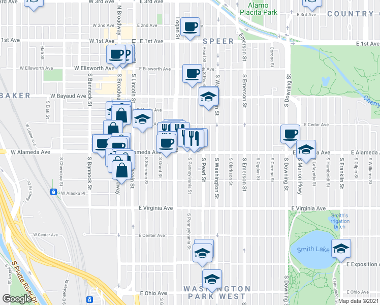 map of restaurants, bars, coffee shops, grocery stores, and more near East Alameda Avenue & South Pennsylvania Street in Denver