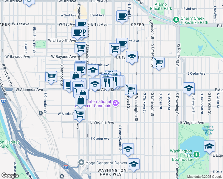 map of restaurants, bars, coffee shops, grocery stores, and more near East Alameda Avenue & South Logan Street in Denver