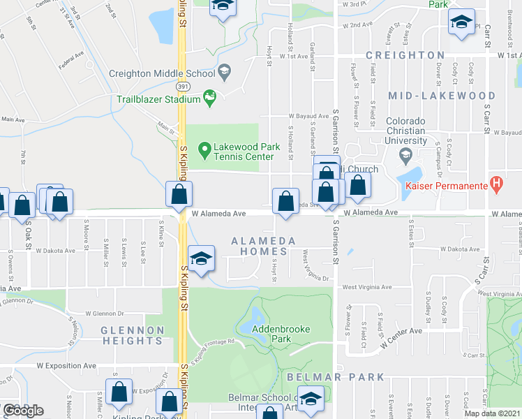 map of restaurants, bars, coffee shops, grocery stores, and more near 9543 West Alameda Avenue in Lakewood