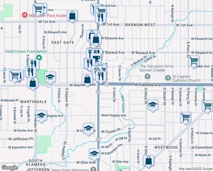 map of restaurants, bars, coffee shops, grocery stores, and more near 5100 West Alameda Avenue in Denver
