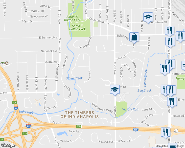 map of restaurants, bars, coffee shops, grocery stores, and more near 3700 South 9th Street in Indianapolis