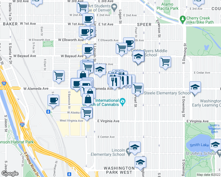 map of restaurants, bars, coffee shops, grocery stores, and more near East Alameda Avenue & South Grant Street in Denver