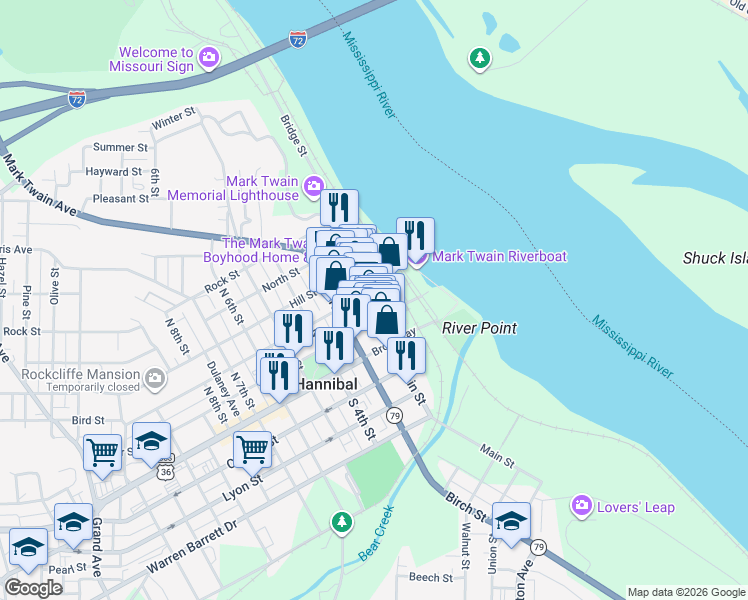 map of restaurants, bars, coffee shops, grocery stores, and more near 220 North Main Street in Hannibal