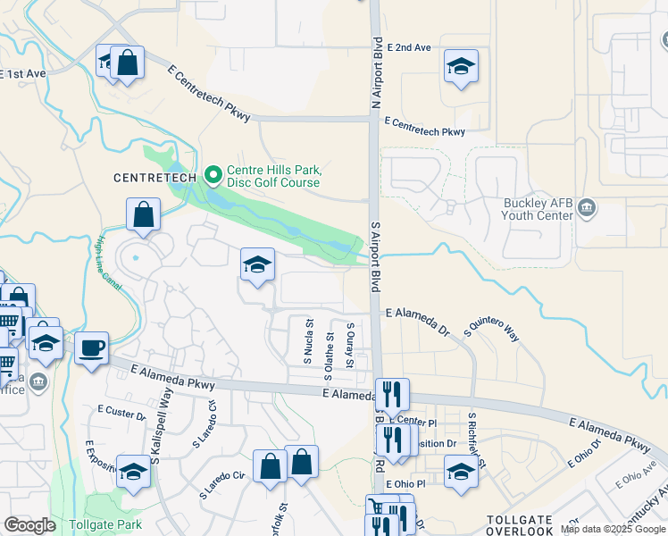map of restaurants, bars, coffee shops, grocery stores, and more near 16760 East Alameda Place in Aurora