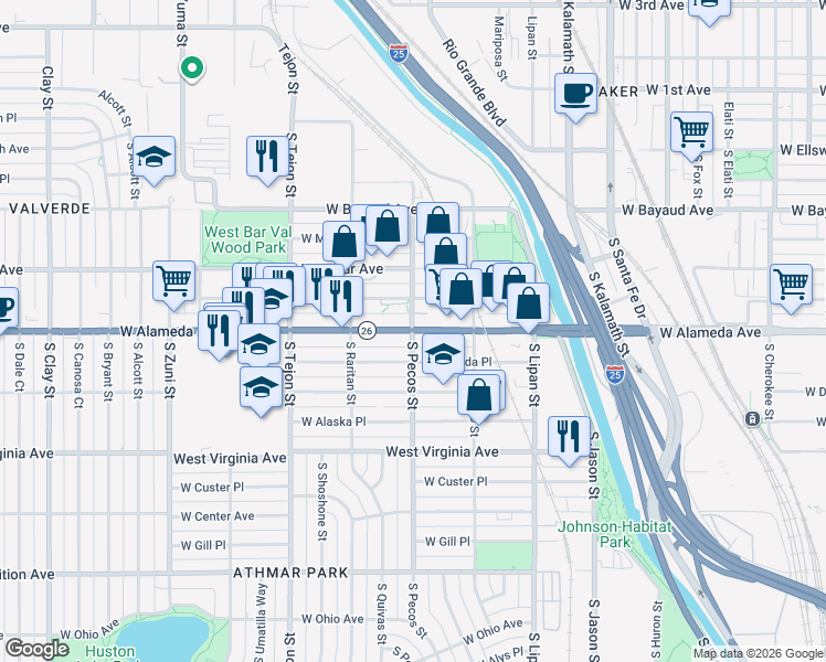 map of restaurants, bars, coffee shops, grocery stores, and more near W Alameda Ave & S Pecos St in Denver