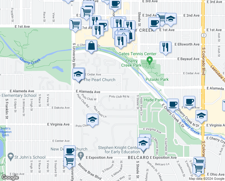 map of restaurants, bars, coffee shops, grocery stores, and more near 2899 East Alameda Avenue in Denver