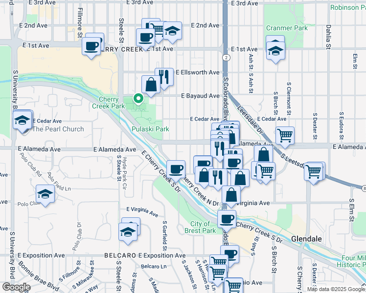 map of restaurants, bars, coffee shops, grocery stores, and more near 314 South Monroe Street in Denver