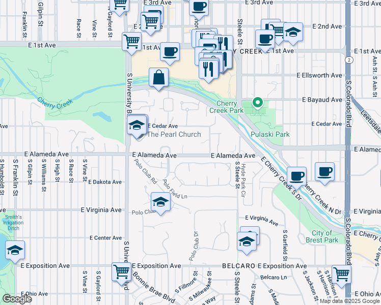 map of restaurants, bars, coffee shops, grocery stores, and more near 2899 East Alameda Avenue in Denver