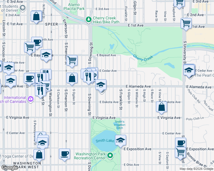 map of restaurants, bars, coffee shops, grocery stores, and more near 293 North Lafayette Street in Denver