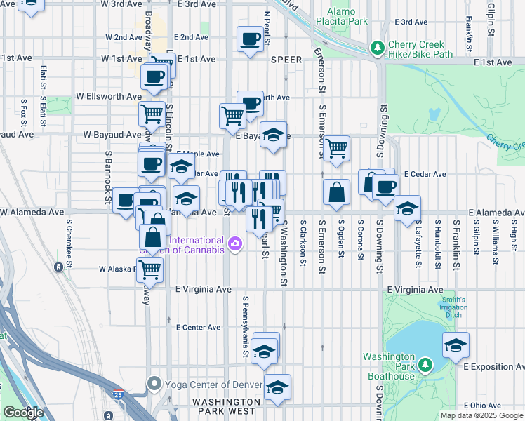 map of restaurants, bars, coffee shops, grocery stores, and more near 303 South Pearl Street in Denver