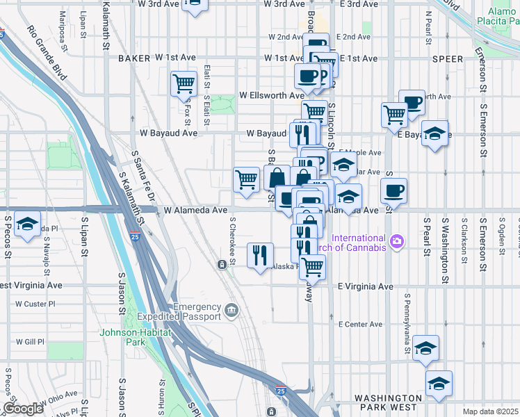 map of restaurants, bars, coffee shops, grocery stores, and more near 190 West Alameda Avenue in Denver