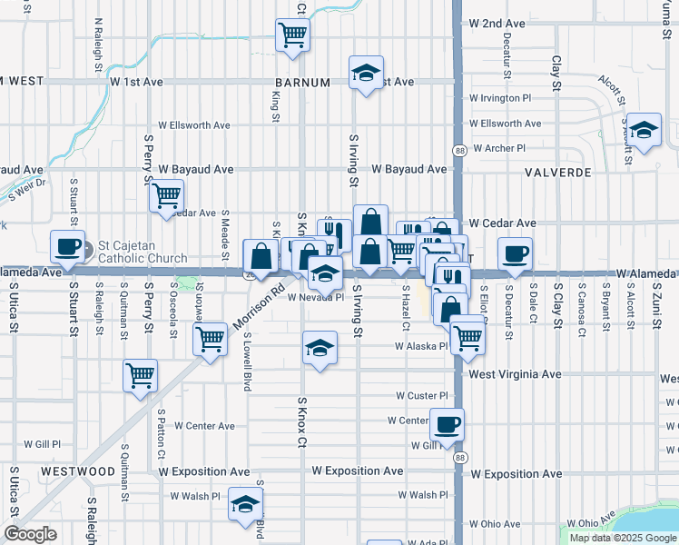 map of restaurants, bars, coffee shops, grocery stores, and more near in Denver