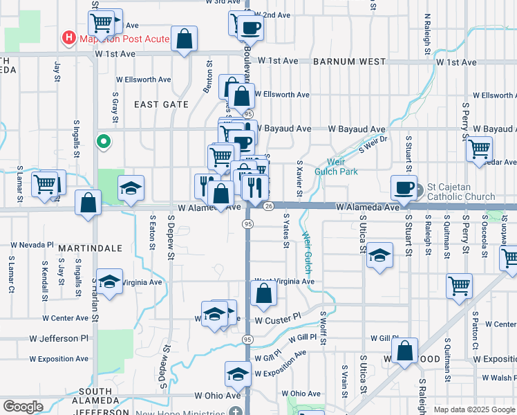 map of restaurants, bars, coffee shops, grocery stores, and more near 5130 West Alameda Avenue in Denver