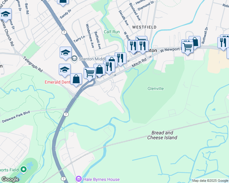 map of restaurants, bars, coffee shops, grocery stores, and more near 1103 Creekside Drive in Wilmington