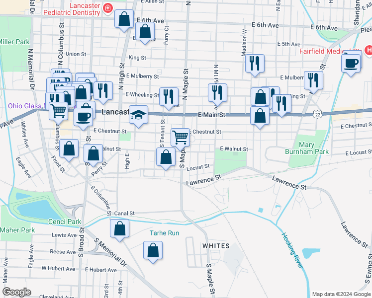 map of restaurants, bars, coffee shops, grocery stores, and more near 520 East Walnut Street in Lancaster