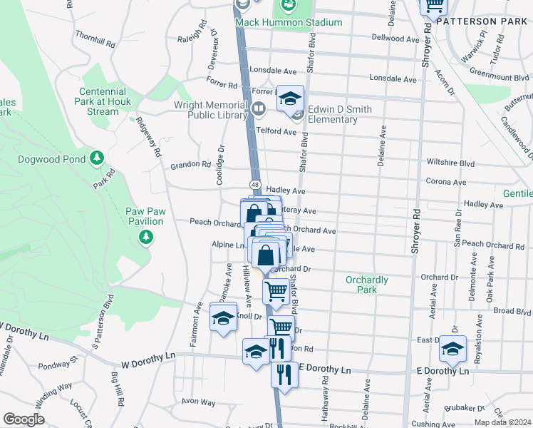 map of restaurants, bars, coffee shops, grocery stores, and more near 2214 Far Hills Avenue in Dayton